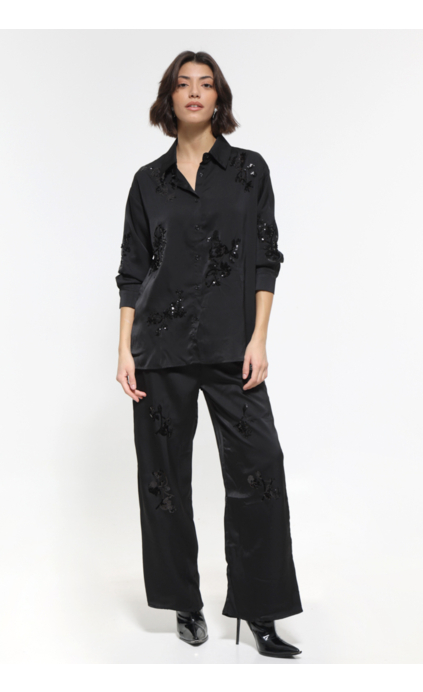 BLACK SATIN SET WITH SHIRT AND WIDE PANTS WITH ELASTIC WAIST