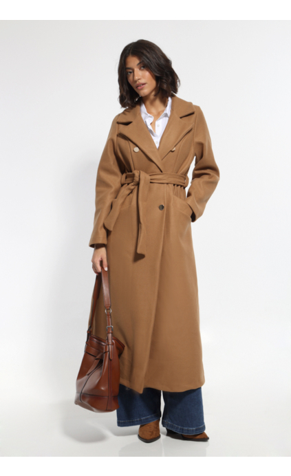 LONG CAMEL COAT WITH WAIST BELT