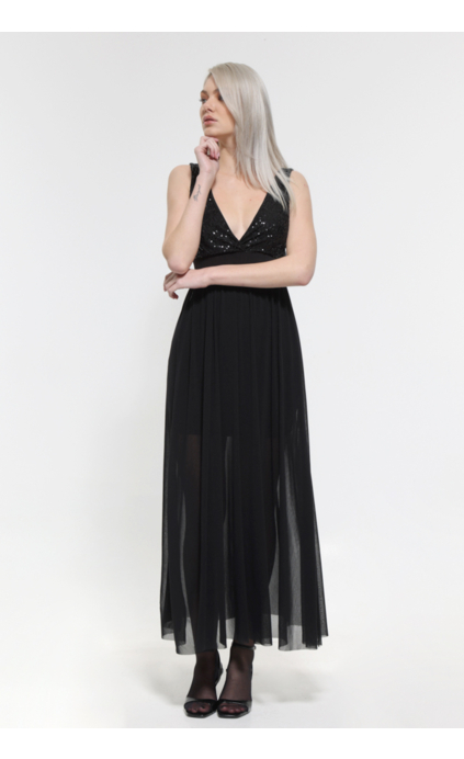 BLACK MAXI DRESS WITH TULLE AND STRAPS