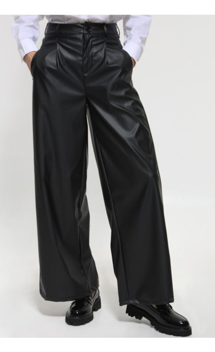 BLACK LEATHER LOOK WIDE LINE PANTS