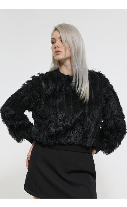 BLACK LONG SLEEVE FUR T-SHIRT