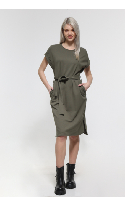 KHAKI MIDI SLEEVELESS DRESS WITH POCKETS AND TIE WAIST