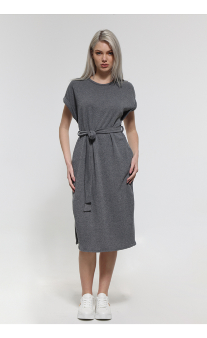 GRAY SLEEVELESS MIDI DRESS WITH WAIST BELT