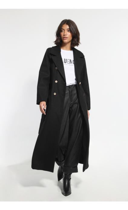 LONG BLACK COAT WITH BELT AND GOLDEN BUTTONS