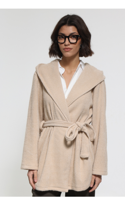 BEIGE JACKET WITH WAIST BELT AND HOOD