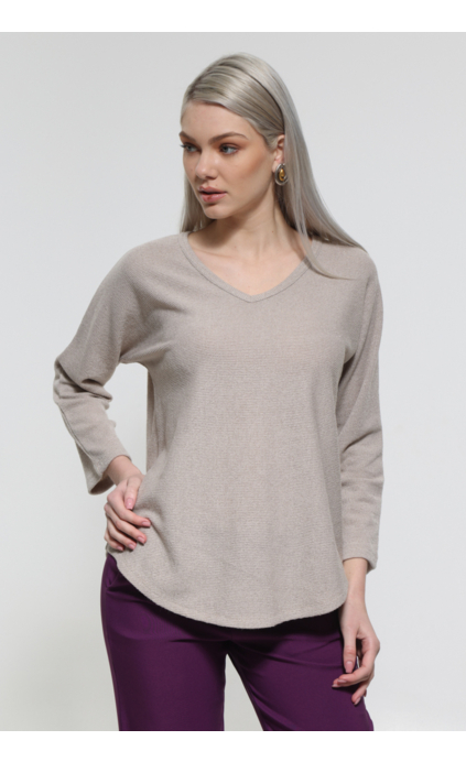 BEIGE LONG SLEEVE V-NECK BLOUSE