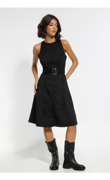 SLEEVELESS BLACK A-LINE MIDI DRESS WITH WAIST BELT