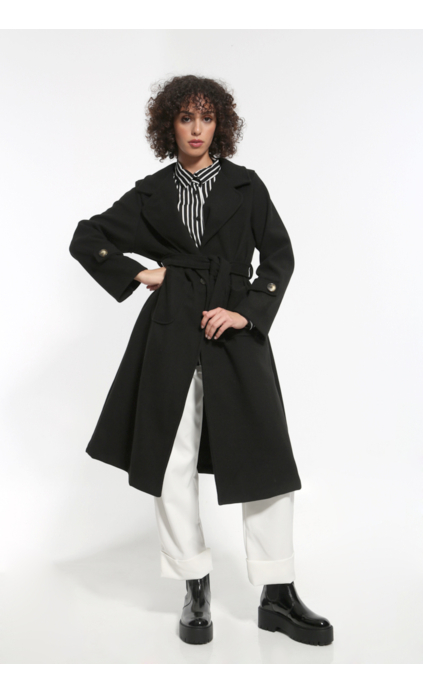 LONG BLACK COAT WITH WAIST BELT