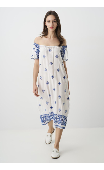 SLEEVELESS MAXI DRESS WITH BLUE EMBROIDERY