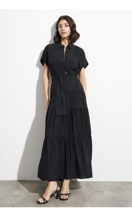 MAXI DRESS WITH BELT AND FOLDS BLACK