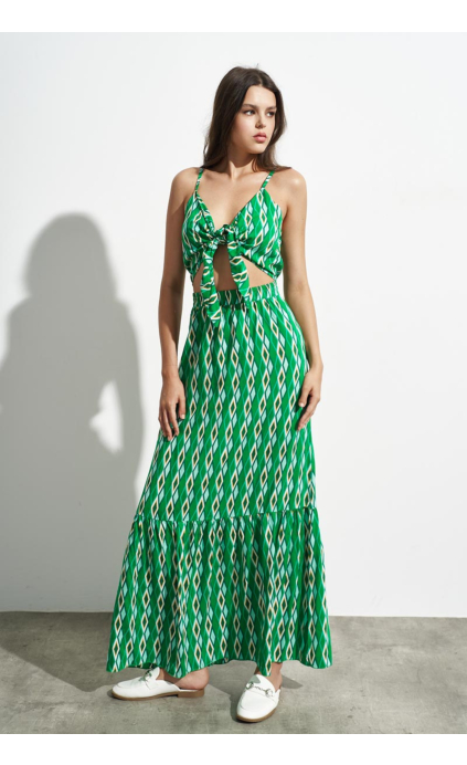 MAXI DRESS WITH FRONT TIE GEOMETRIC PRINT GREEN