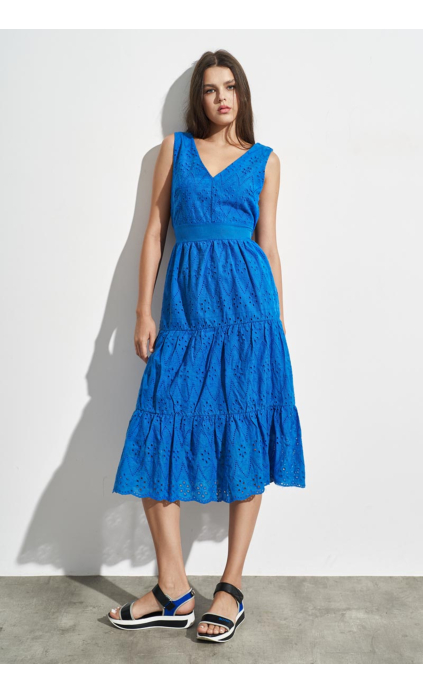 MIDI DRESS WITH EMBROIDERY ELASTIC AT THE WAIST