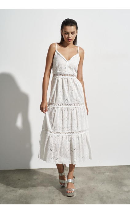 WHITE DRESS WITH EMBROIDERY AND SHOULDER STRAP