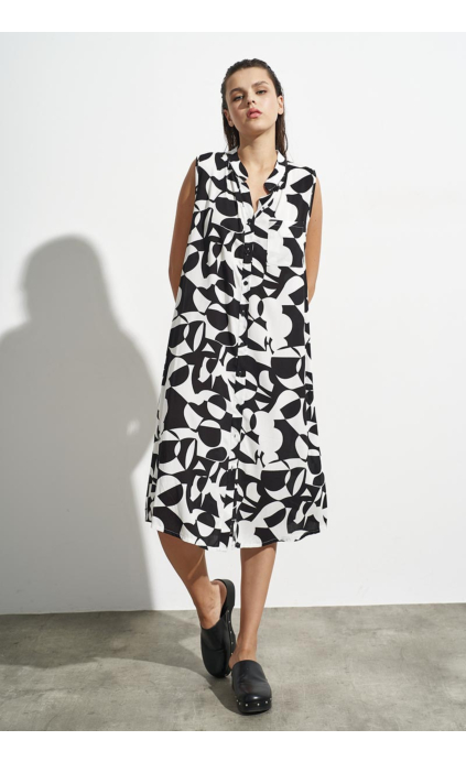 MIDI DRESS WITH BUTTONS AND GEOMETRIC PRINT BLACK