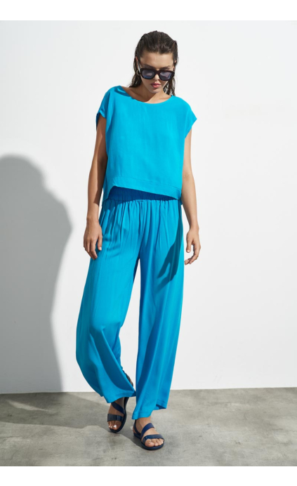 COMFORTABLE CROP TOP BLOUSE AND PANTS SET TURKOISE