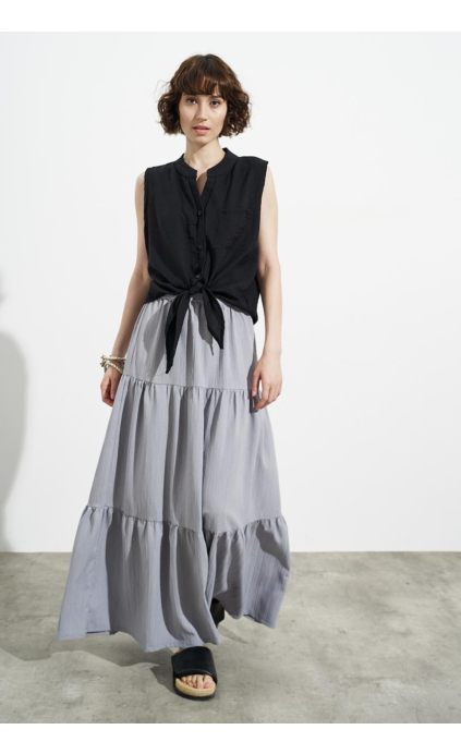 GRAY MAXI SKIRT WITH TREES AND RUFFLES