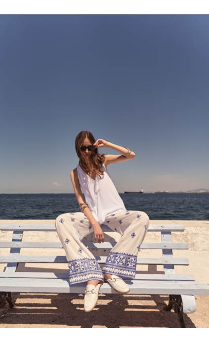 EMBROIDED PANTS WHITE AND BLUE, WITH ELASTIC WAIST, VISCOSE