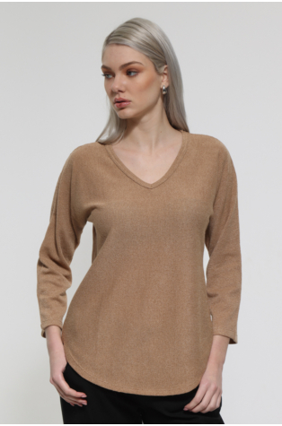 CAMEL LONG SLEEVE V-NECK TOP