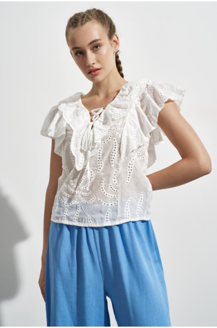 KIPUR TOP WITH RUFFLES WHITE
