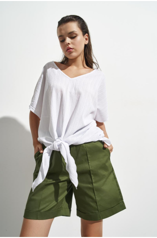 SHORT SLEEVE BLOUSE, OF RAYON AND LINEN