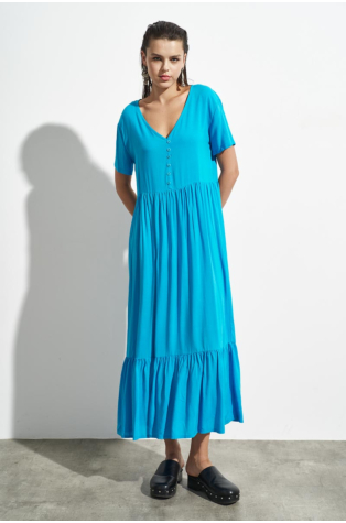 ΜΑΧΙ FOLDED DRESS WITH V-NECK AND BUTTONS, TURQOISE