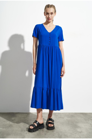 ΜΑΧΙ FOLDED DRESS WITH V-NECK AND BUTTONS, BLUE