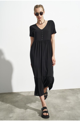 ΜΑΧΙ FOLDED DRESS WITH V-NECK AND BUTTONS, BLACK