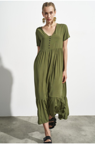 ΜΑΧΙ FOLDED DRESS WITH BUTTONS ON V-NECK KHAKI