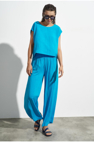 COMFORTABLE CROP TOP BLOUSE AND PANTS SET TURKOISE