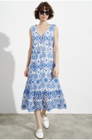 MIDI WHITE-BLUE COTTON LACE DRESS, A-LINE, SLEEVELESS