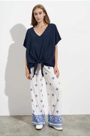 OVERSIZED V-NECK BLOUSE, RAYON AND LINEN, BLUE