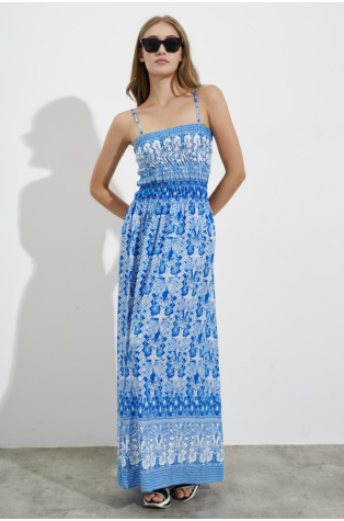 MAXI PRINTED DRESS WITH LACES, WHITE-BLUE