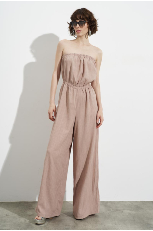 STRAPLESS MAXI JUMPSUIT, OF RAYON AND LINEN, BEIGE