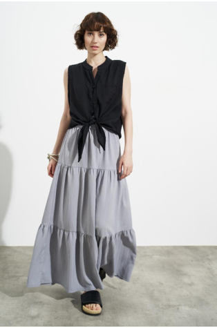 GRAY MAXI SKIRT WITH TREES AND RUFFLES