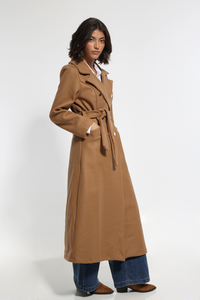 LONG CAMEL COAT WITH WAIST BELT