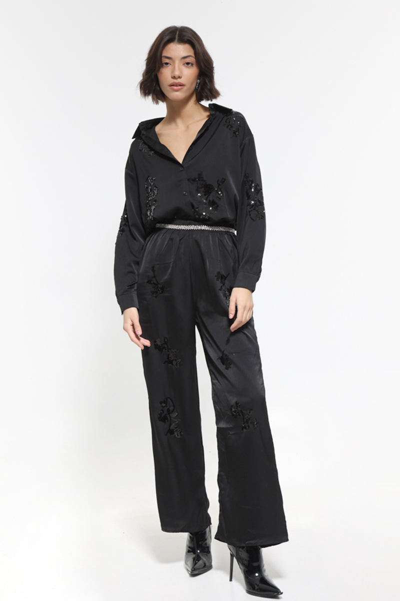 BLACK SATIN SET WITH SHIRT AND WIDE PANTS WITH ELASTIC WAIST