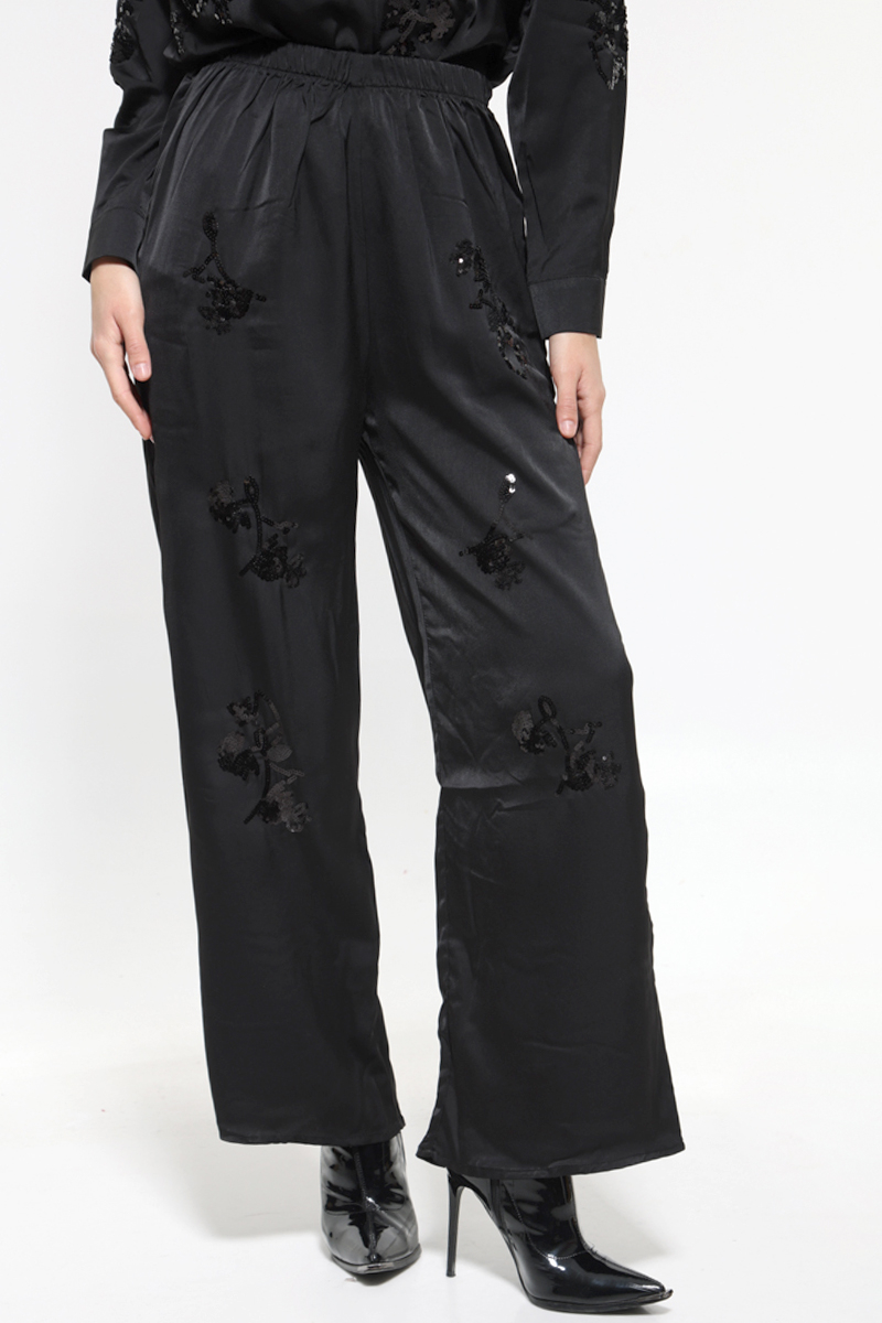 BLACK SATIN SET WITH SHIRT AND WIDE PANTS WITH ELASTIC WAIST