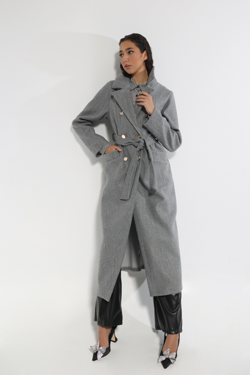 LONG GRAY COAT WITH WAIST BELT