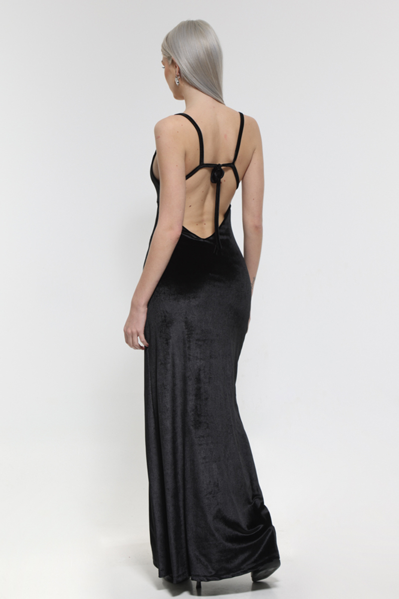 BLACK SATIN MAXI DRESS WITH THIN STRAPS