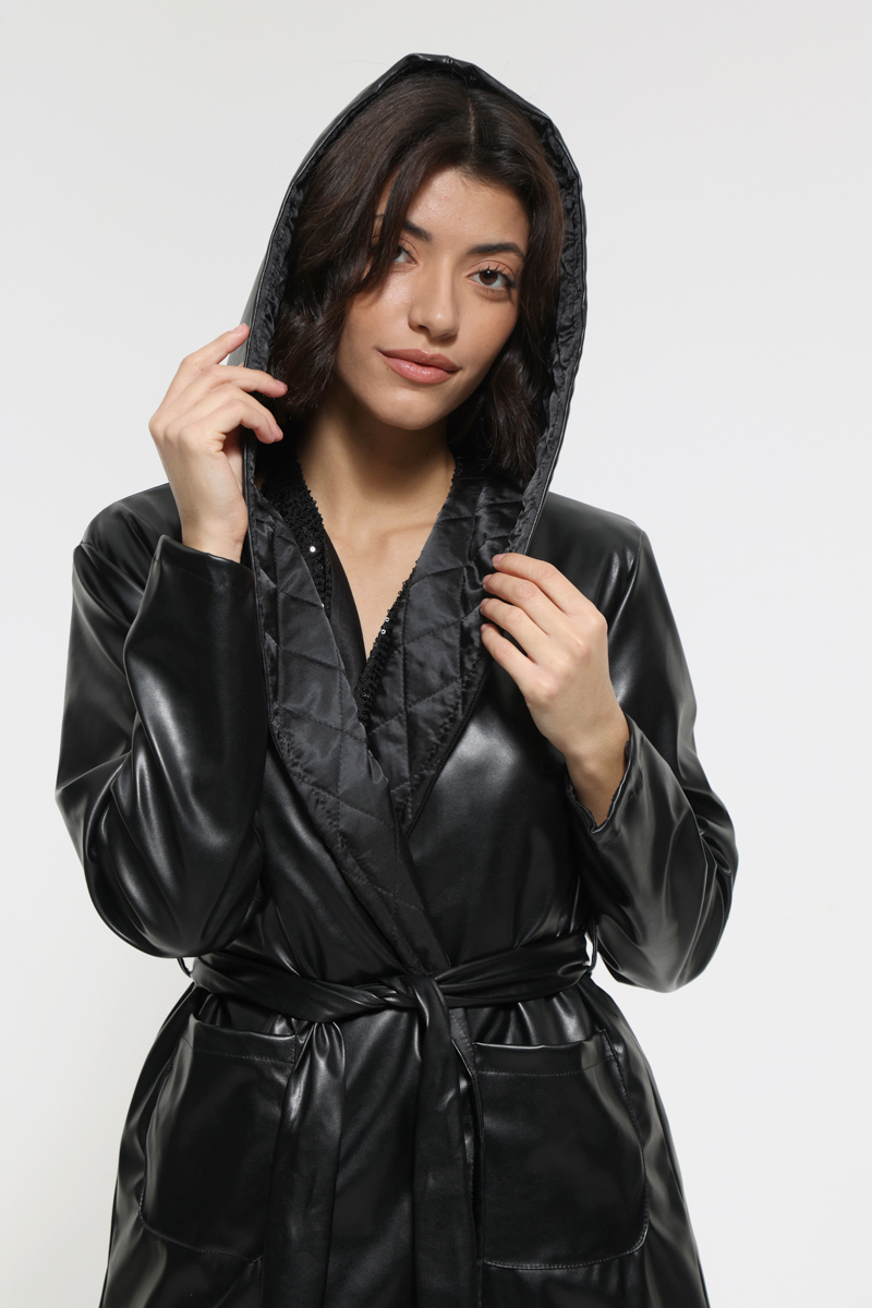 BLACK LEATHER LOOK JACKET WITH WAIST BELT AND HOOD