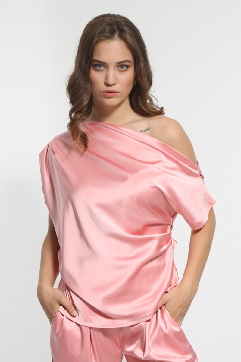 SATIN SALMON SHORT-SLEEVED ROPE BLOUSE