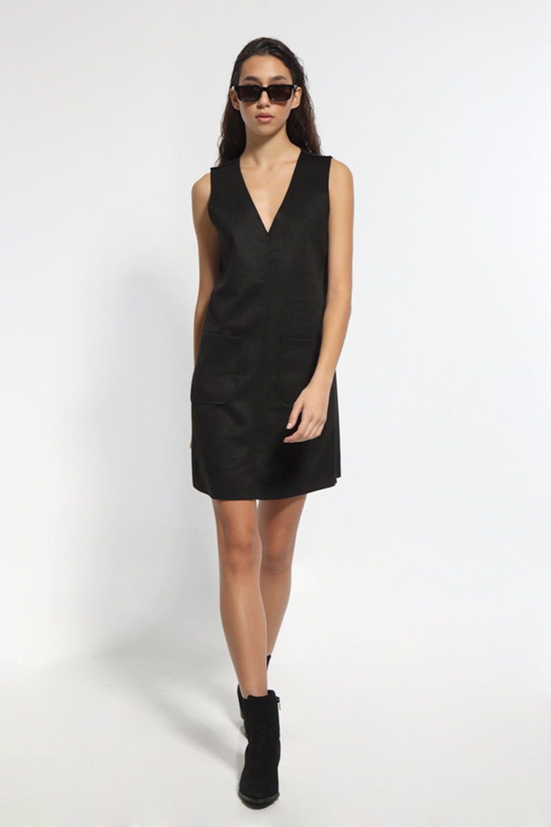 BLACK A-LINE SLEEVELESS MIDI DRESS WITH POCKETS