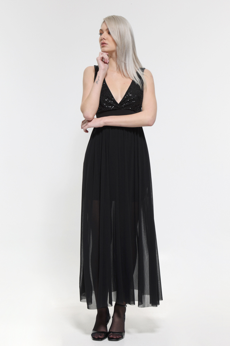 BLACK MAXI DRESS WITH TULLE AND STRAPS