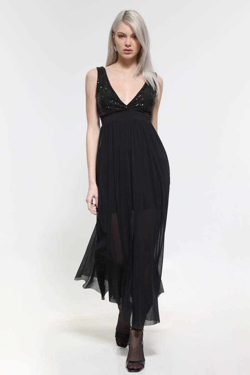 BLACK MAXI DRESS WITH TULLE AND STRAPS