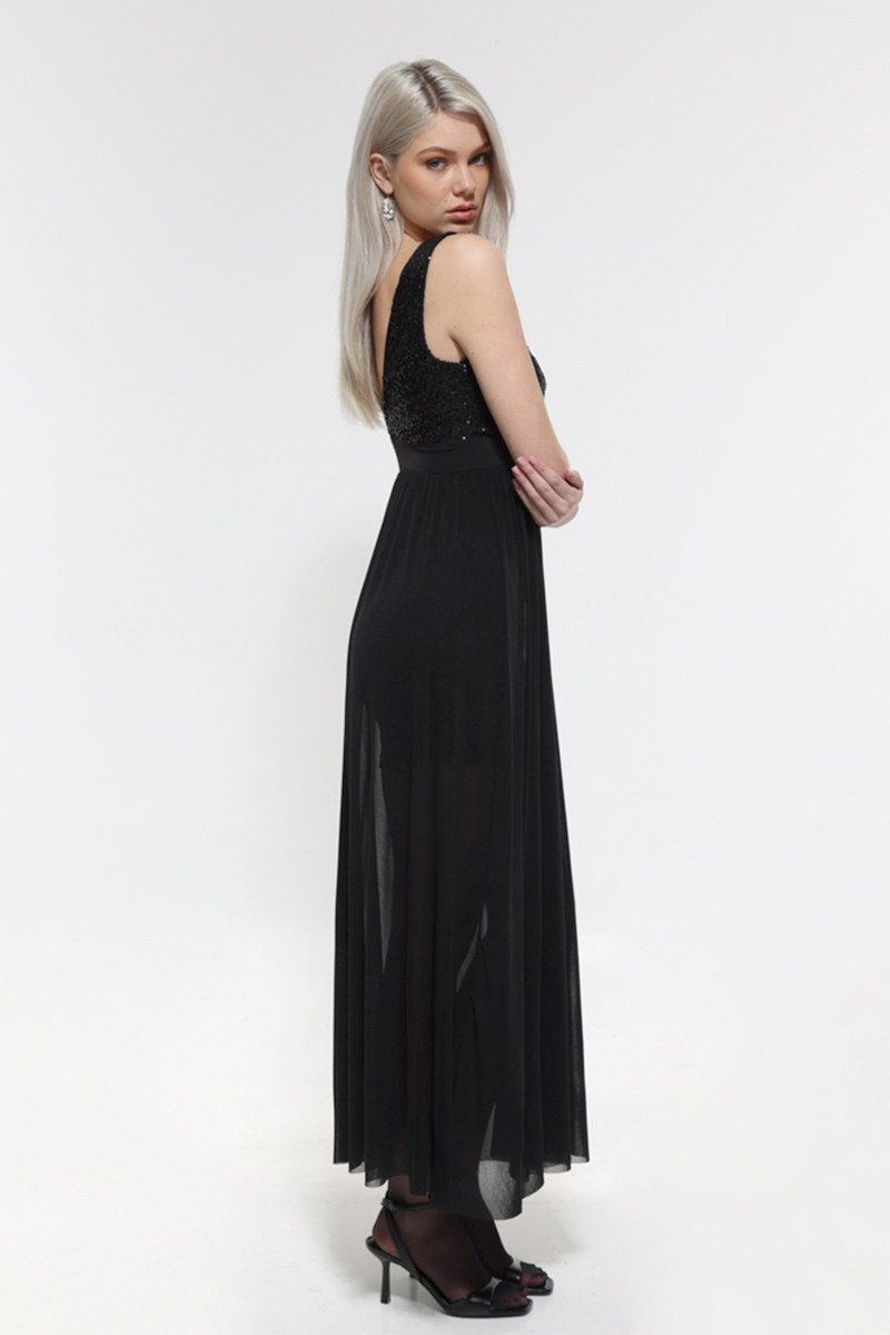 BLACK MAXI DRESS WITH TULLE AND STRAPS