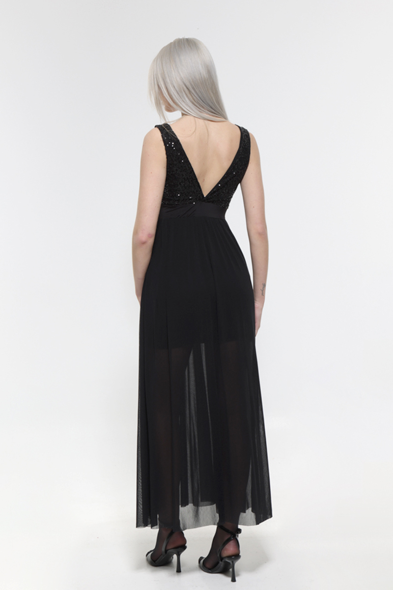 BLACK MAXI DRESS WITH TULLE AND STRAPS