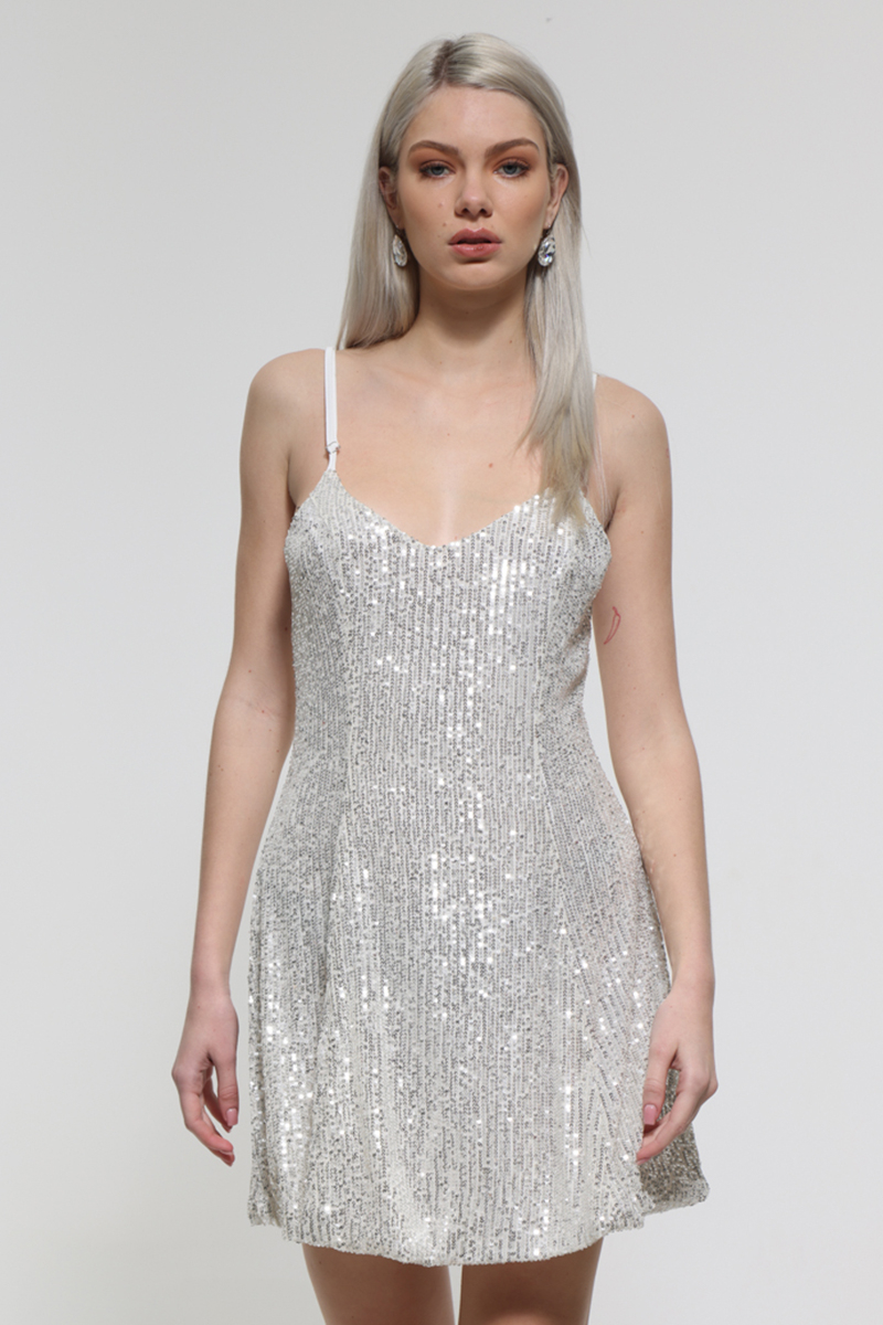 WHITE SQUID MINI DRESS WITH SEQUINS AND THIN STRAPS