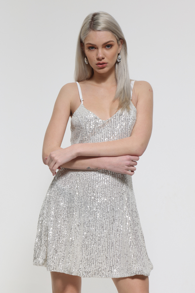 WHITE SQUID MINI DRESS WITH SEQUINS AND THIN STRAPS