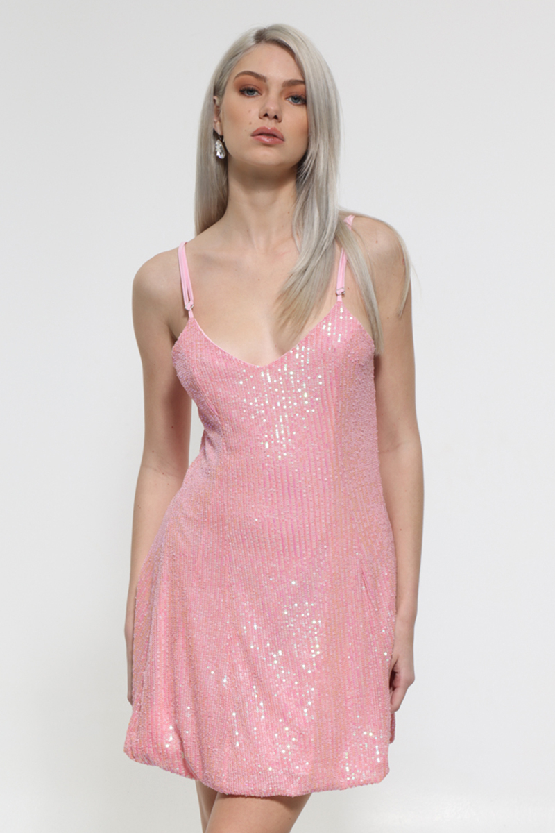 PINK FLOODED SEQUIN MINI DRESS WITH THIN STRAPS