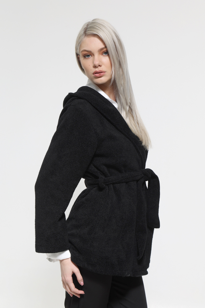 BLACK JACKET WITH WAIST BELT AND HOOD